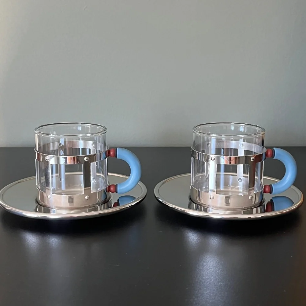 ALESSI Michael Graves Stainless Steel Glass Espresso Cup & Saucer Blue & Red
